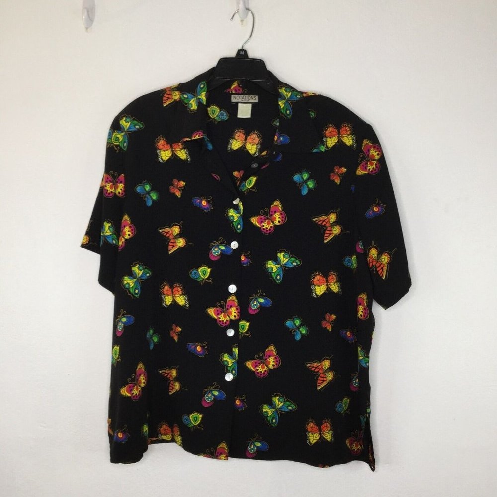 Notations Blouse Women 20W Black Butterfly Button-Up Short Sleeve Shoulder Pad